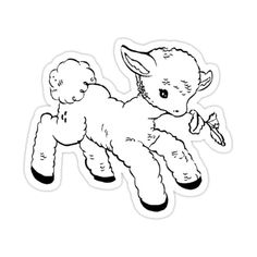 a black and white sticker of a lamb with a flower in it's mouth