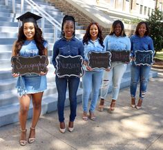 four girls in denim outfits holding signs that say, bereapaing and nursing