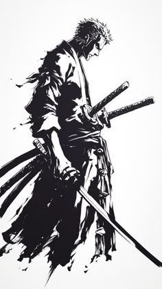 a black and white drawing of a man holding two swords