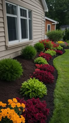 colorful flowers line the side of a house