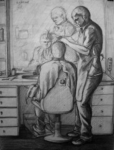 a drawing of a man getting his hair done by an older man in front of a mirror