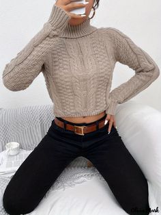 Olivia Mark - Cable Knitted Turtle Neck Sweater, Casual Long Sleeve Sweater For Fall & Winter, Women's Clothing Fall Acrylic Knitting Pattern, Fitted Knit Sweater For Winter, Fitted Chunky Knit Acrylic Tops, Casual Knitting Pattern For Cold Fall Weather, Casual Knitting Pattern For Fall, Casual Cable Knit Pattern For Fall, Cozy Fitted Sweater For Cold Weather, Fitted Textured Knit Winter Sweater, Fitted Knitted Cropped Sweater In Acrylic