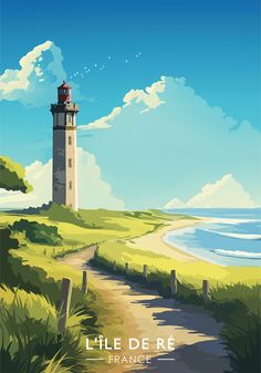 a painting of a lighthouse on the side of a road next to the beach and ocean