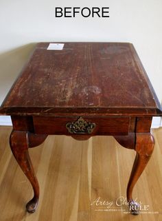 an old wooden table has been refinished with chalk paint and wax to make it look new