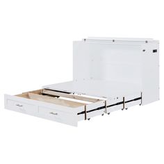 a white bed frame with two drawers on the bottom and an open drawer underneath it