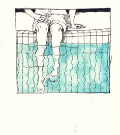 a drawing of a person sitting in a swimming pool with their feet on the edge