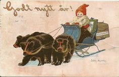 an old fashioned christmas card features two bears pulling a child in a sleigh