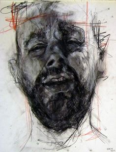 a black and white drawing of a man's face with lines coming out of it