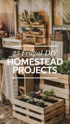 some wooden crates with plants in them and the words 25 frugal diy homestead projects