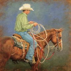 a painting of a man sitting on top of a brown horse wearing a cowboy hat