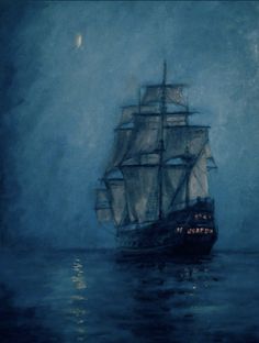 a painting of a ship sailing in the ocean at night with lights on it's sails