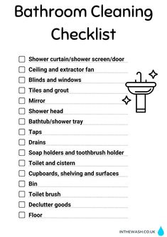 the bathroom cleaning checklist is shown in black and white