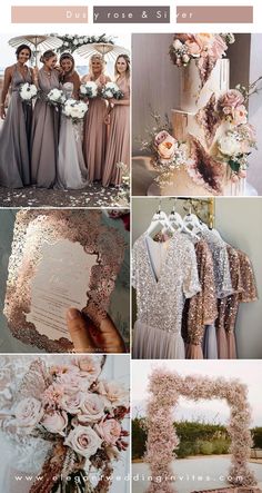 a collage of photos with flowers and wedding gowns on display in different colors