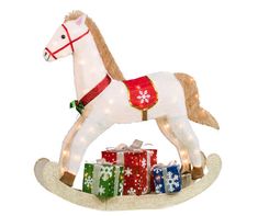 a lighted rocking horse with presents on it