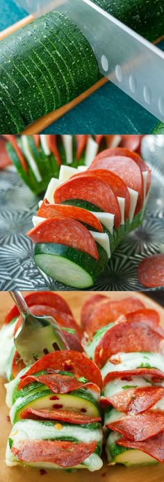 cucumber and pepperoni sandwich being cut up on a cutting board with a knife