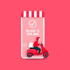 a man riding a red scooter in front of a phone with the text delivery to