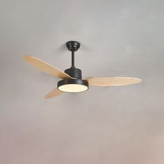 a black ceiling fan with two wooden blades