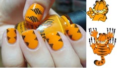 Garfield nails polishedlove.blogspot.com Garfield Nails Art, Garfield Makeup, Garfield Nails, Nail Art Strawberry, Strawberry Nails, Tiger Nails, Nail Art Photos, Natural Nail Art, Punk Nails