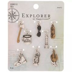 six charms with different types of items in them on a card board, each featuring an image of a person's foot and hat