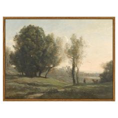 an oil painting on canvas of two trees and a person in the distance with a dog