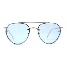 With a minimal design, but a bold effect, these exquisitely crafted sunglasses feature a rimless aviator frame with ultra-slim metal temples and brow bar. Vibrant colored flat lenses and rivets at the front give these sunglasses it's stunning finish. Perfect to wear throughout the sunny months, these rimless aviator sunglasses can be easily paired with any look. Made with a metal based frame, English style nose pieces, metal hinges, and polycarbonate UV400 lenses. (a644) 5 15/16" (151mm) x 2 1/8 Trendy Blue Aviator Sunglasses With Anti-reflective Coating, Blue Rimless Polarized Sunglasses, Blue Rimless Sunglasses With Uv Protection, Blue Aviator Sunglasses With Tinted Lenses, Blue Rimless Anti-reflective Sunglasses, Classic Blue Aviator Sunglasses With Mirrored Lenses, Blue Gradient Aviator Sunglasses With Glass Lenses, Blue Rimless Glass Sunglasses, Modern Light Blue Tinted Sunglasses