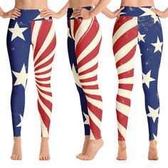 three women's leggings with the american flag design on them, all in different colors