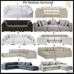 the different types of sectional sofas are shown in this image, and each is labeled with