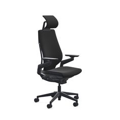 an office chair with black leather upholstered back and seat, viewed from the front