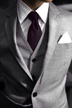 Plum Tie and grey tux, perfect. Suit Fit Guide, Der Gentleman, Mens Attire, Sharp Dressed Man, Three Piece Suit, Gray Suit, Suit Style, Well Dressed Men