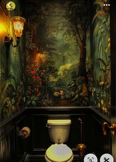 a toilet in a bathroom with a painting on the wall above it and below it