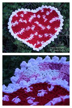 crocheted heart with flowers and butterflies on it in red, white and pink