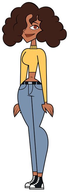 an animated woman in jeans and a yellow shirt is standing with her hands on her hips