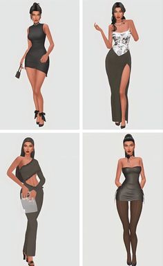 four different poses of the same woman wearing tight pants and high heels, one with her hand on her hip