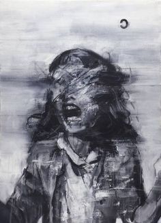 a black and white painting of a woman with her mouth open