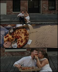 a man and woman eating pizza on the street