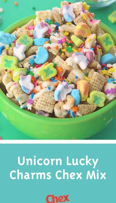 unicorn lucky charms chex mix in a green bowl