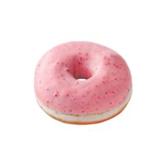 a pink frosted donut with sprinkles on it's side