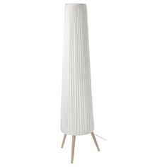 a tall white lamp with wooden legs on an isolated surface, against a white background