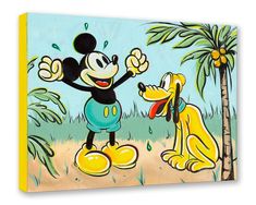 a painting of mickey mouse and pluto the dog with palm trees in the foreground