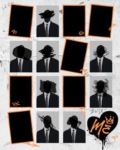 a series of black and white photos with orange frames in the shape of men's heads