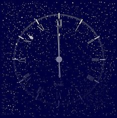 a clock with roman numerals and stars in the background