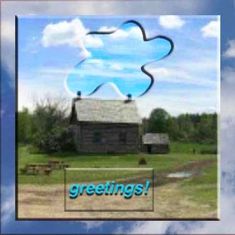 an image of a house with clouds in the sky above it that says greetings