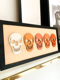 there are three different types of skulls on the wall in front of a framed photograph