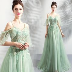 Green tulle lace long prom dress, evening dress · Little Cute · Online Store Powered by Storenvy Green Princess Gown, Dance Attire, Princess Dance, Green Princess, Green Formal Dresses, Green Evening Dress, Quinceanera Ideas, Green Tulle, A Line Evening Dress