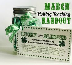 a mason jar with a green ribbon around it and a sign that says, lucky to be blessing