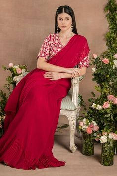 Ruby red micro-pleated pre-draped saree with pleated frill palla. Comes with floral and pearl embroidered padded blouse. - Aza Fashions Draped Saree, Pearl Collar, Padded Blouse, Drape Saree, Collar Blouse, Ruby Red, Aza Fashion, Red Floral, Blouses For Women