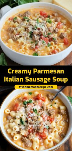 two bowls of creamy parmesan italian sausage soup