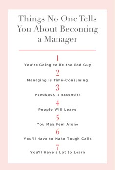 a pink and white poster with the words things no one tells you about becoming a manager