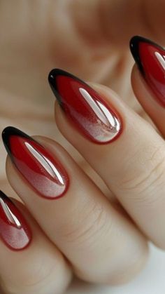 Red Black Tip Nails, Red And Black French Tip Acrylic Nails, Black Nail Red French Tip, Black Nail With Red French Tip, Black And Red French Nails, Black Nails Red Tips, Red Nails Black Tips, Red Nails With Black Tips, Black And Red French Tip