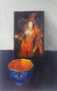 an oil painting of a woman in orange and blue with a bowl on the table